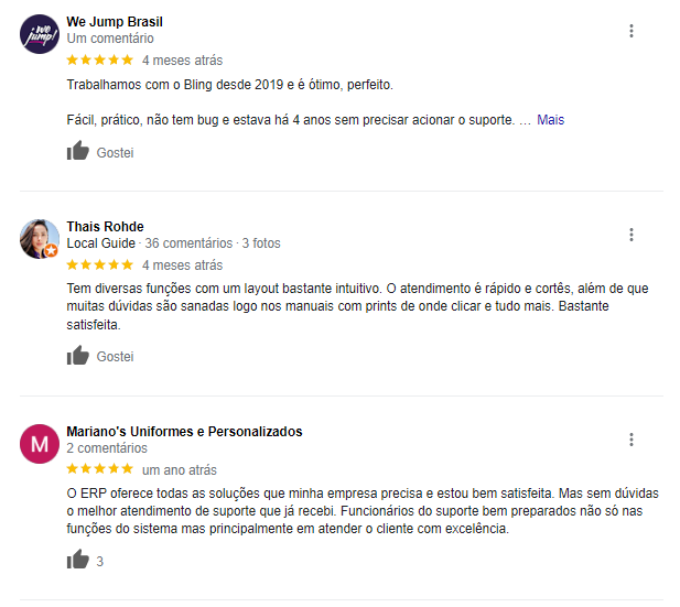 Avaliações Google meu negócios Bling sistema ERP